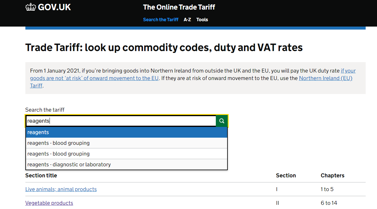 Image showing the trade tariff commmodity code checker with the word reagents in the search box.